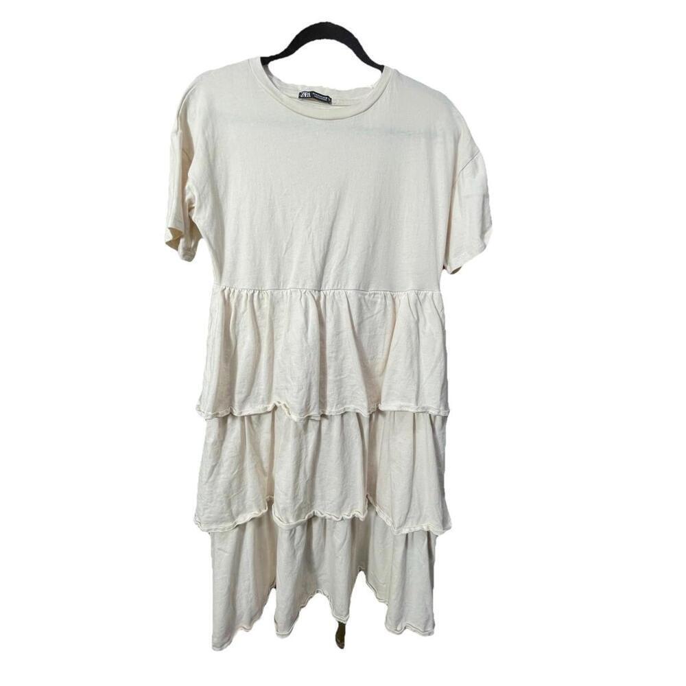 Zara T-Shirt Dress Woman's Tiered Ruffle Midi Ivory Short Sleeve 100% Cotton M